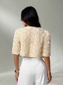 SHEIN PETITE Women's 3D Floral Decor Short Sleeve Fashionable Elegant Jacket ,Petite Women - Apricot - View 2