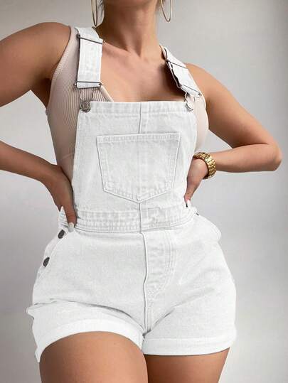 SHEIN ICON 大码女式休闲水洗牛仔背带短裤，带口袋