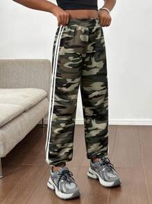 Tween Girls Casual Fashionable Street Camo Print Side Tape Trim Elasticated Sweatpants Fall Winter