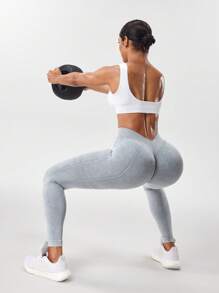 Easithlete 1pc Women's Athletic Leggings, Seamless Knit High-Stretch Waist Pants For Yoga, Fitness, Casual Wear, Light Gray