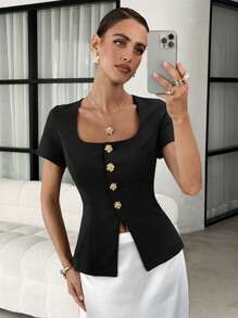 Lavishia 女式方领金属花朵纽扣衬衫，时尚衬衫优雅夏季度假商务休闲可爱 - 彩色 - 查看 7