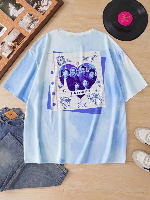 FRIENDS X SHEIN Elena Ilustra Camiseta de manga corta y cuello redondo con estampado gráfico minimalista, talla grande, para verano