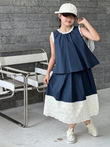 DAZY 2件套女童圆领背心和裙子套装，夏季 - 藏蓝色 - 查看 5