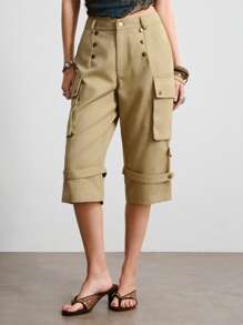 ROMWE Hippie Pantalones cargo de cintura baja vintage 3/4 para mujer (con cinturón de piel sintética) - Caqui - Ver 4