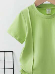 SHEIN Young Boy Loose Fit 2pcs Short Sleeve Casual T-Shirt And Shorts Set With Letter Print, Summer, School, Campus, College Summer Holiday - Lime Green - View 4
