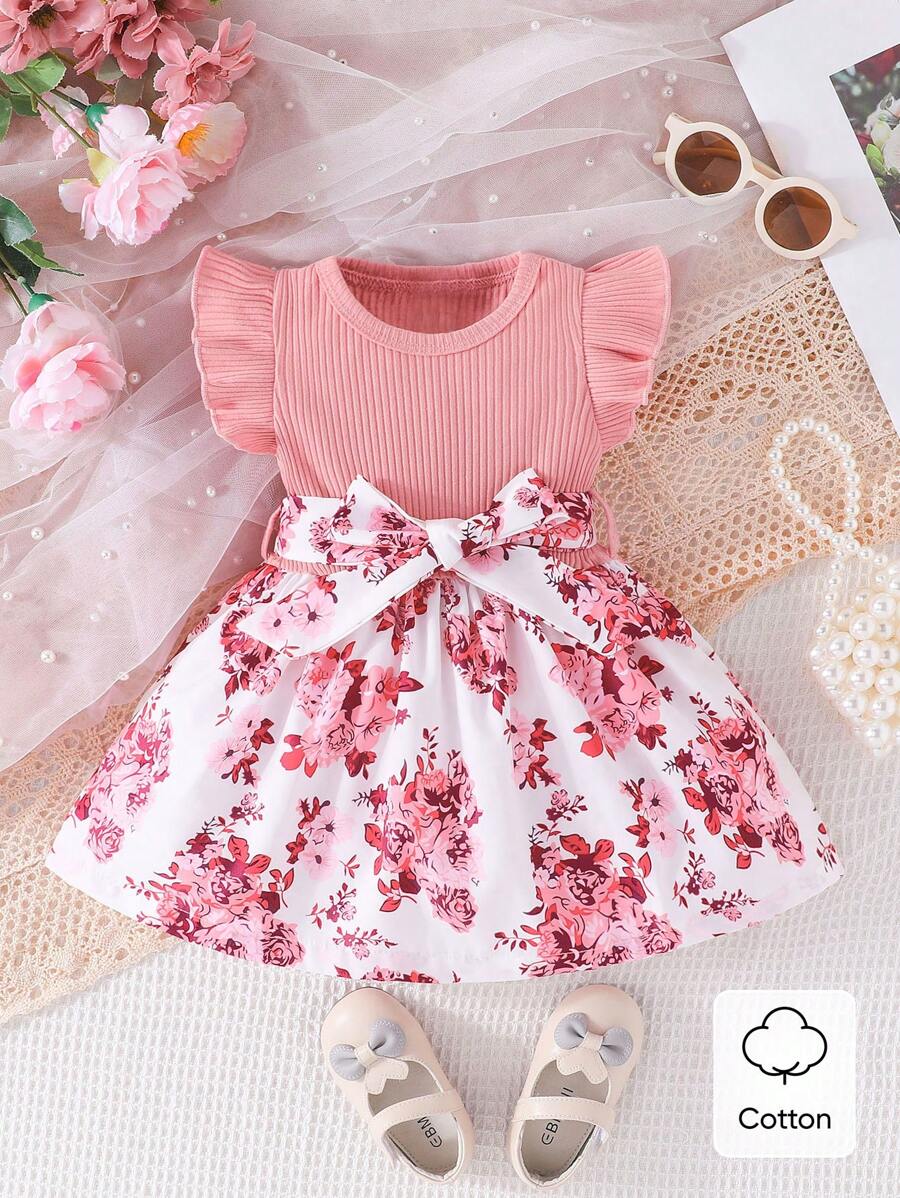 SHEIN 揉皺 羅紋針織花卉印花嬰兒連衣裙 - 彩色 - 查看 1