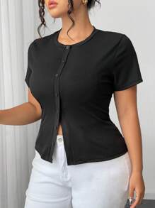 Elenzga Camiseta corta casual de cuello redondo de punto acanalado de unicolor para mujer de talla grande, elegante para el verano - Negro - Ver 5
