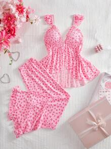 SHEIN 2件套女士印花网眼荷叶边性感内衣套装