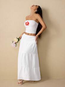 SHEIN PETITE Váy suông màu trơn lưng thun mùa hè viền bèo nhún màu mơ - trắng - Xem 7