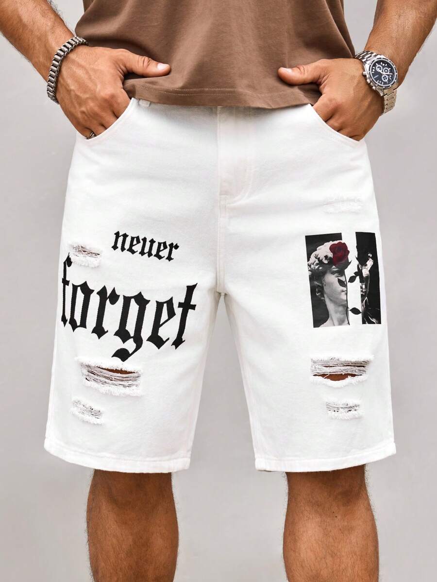 Manfinity Roughcore Men's Casual Loose Ripped Fashion Denim Shorts, Summer Graphic Denim Shorts Streetwear Shorts Graphic Shorts Men, Emo Style - White - View 1
