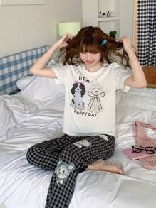 两件套青少年女孩灰色格子短裤和卡通狗印花短袖休闲舒适睡衣，夏季 - 灰色 - 查看 18