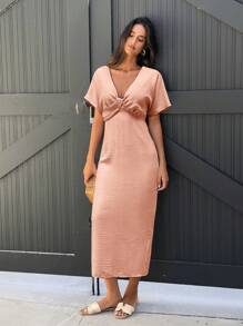 Selianne 夏季女式纯色扭纹设计短袖性感连衣裙