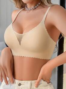 Snug Zone 1pc Seamless Mesh Splicing Solid Color Wavy Edge Adjustable Wireless Removable Padded Bra For Women - Apricot - View 7