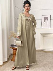 Yasmyna Vestido de estilo árabe para mujer con mangas con mariposa de lentejuelas