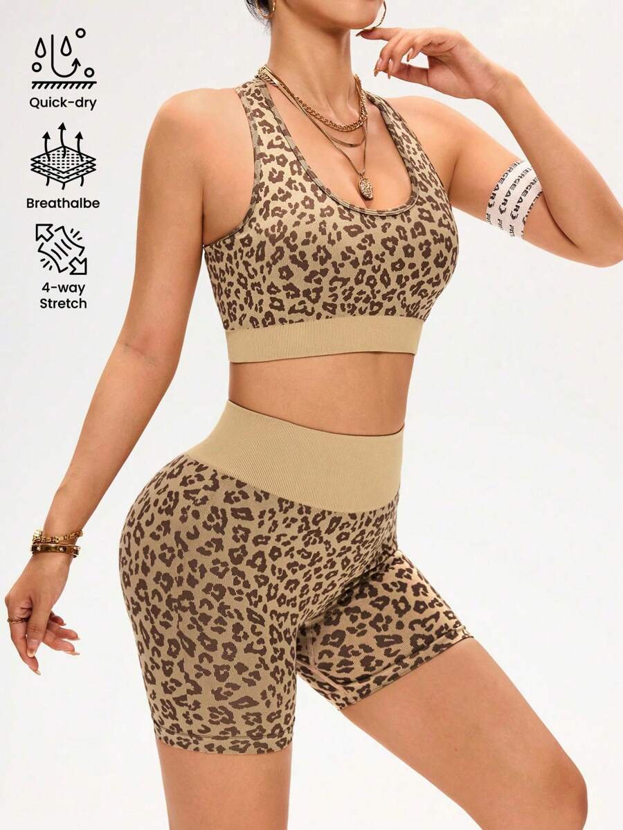 SHEIN Sport Studio Leopard Print Tank Top & Shorts Sports Yoga Set