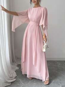 Elenzga 女士优雅腰部抽绳 V 领喇叭袖连衣裙，春夏季 - 粉色 - 查看 7