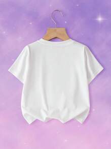 Pop Mart Azura X SHEIN Young Girl Cartoon & Bow Print Fantasy White Casual Sweet Cute Short Sleeve T-Shirt