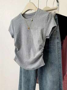 Women Pleated Crew Neck Short Sleeve Casual T-Shirt - Black - View 4