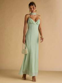 SHEIN BAE Spring And Summer Women's Solid Green Chiffon Exquisite Floral Pattern Hot Rhinestone Ribbon Decoration Elegant Maxi Dress, Vacation Dress ,Birthday Dress - Green - View 5