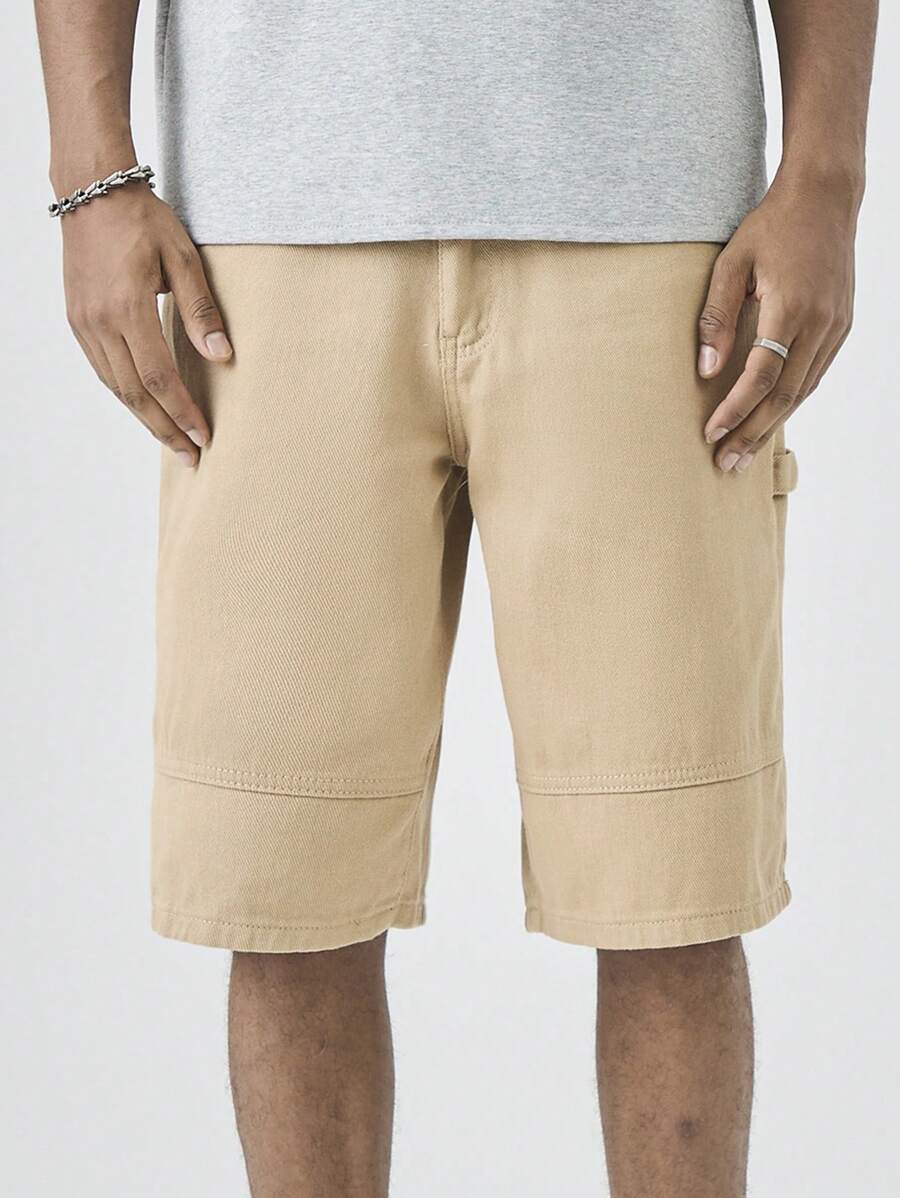 Manfinity Hypemode 男士休闲纯色牛仔短裤，夏季 - 卡其色 - 查看 1
