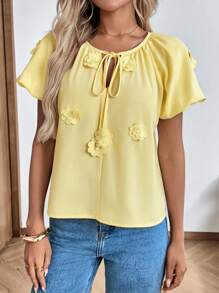 SHEIN LUNE Ladies' Casual 3D Flower Puff Sleeve Yellow Blouse Butter Yellow Top Summer Outfits For Women Vacation Outfits Woman Going Out Tops Women Vacation Outfits Women Teacher Outfits For Women Cute Shirts Summer Clothes Women Old Money Style Women Butter Yellow Country Outfits Women Bohemian Clothes Work Tops Tie Front Top - Yellow - View 5