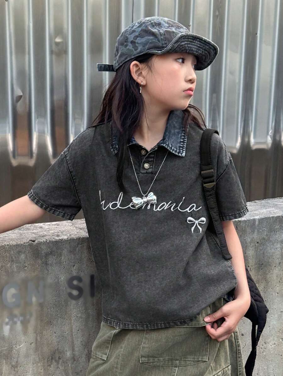 Dazy Kids 女童牛仔领短袖上衣，青少年女孩秋季时尚 - 灰色 - 查看 1