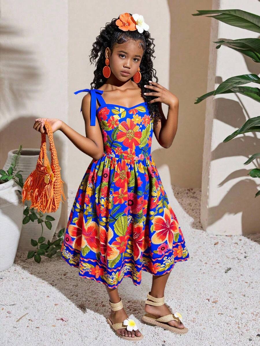 Tween-Mädchen Lässiges Resort-Midikleid mit gewebtem tropischem Blumenmuster und Farbblock, Schleife an der Taille, Bohemian - Königsblau - Übersicht 1