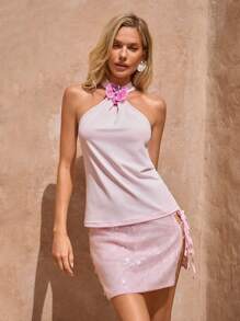 SHEIN Clasi Women's Elegant Sleeveless Top With 3D Floral Decor & Ruffle Detail Graduation Boho - Pink - View 3