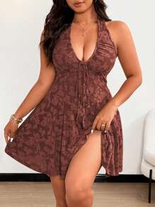 Flirla Plus Size Solid Color Jacquard Low Cut Backless Halter Neck Sexy Maxi Dress