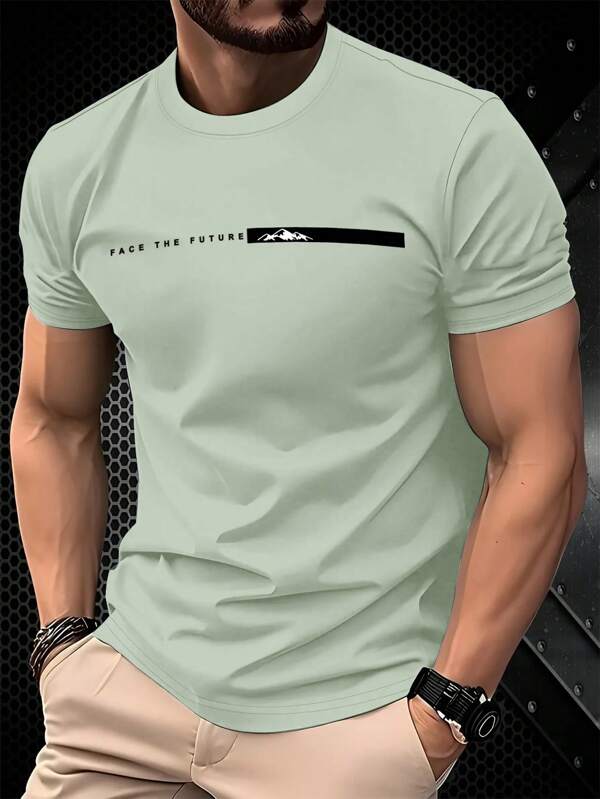 Manfinity Homme Tricou bărbătesc cu guler rotund, mânecă scurtă, croială slim fit, vară, cu imprimeu de slogan și munte