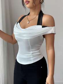 Elenzga Color Block Ruched Off Shoulder Elegant Casual Shirt For Women, Suitable For Home, Outdoor Wear