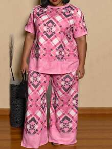 SHEIN Plus Size Graphic Print Crew Neck Casual Graphic Tees & Regular Waist Pants 2 Pieces Vacation Summer Women Outfits, Regular Fit For Spring, Autumn & Winter