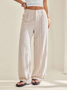 SHEIN PETITE 女士休闲条纹印花高腰阔腿宽松裤，带侧袋 - 杏色 - 查看 1
