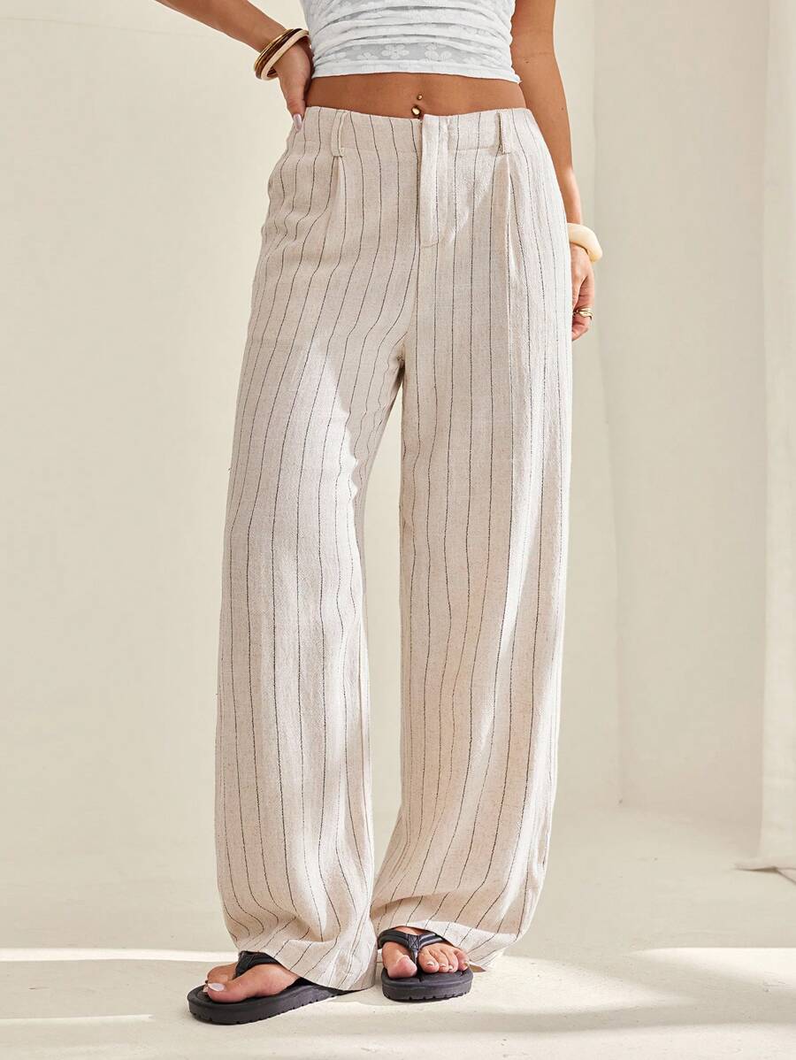 SHEIN PETITE 女士休闲条纹印花高腰阔腿宽松裤，带侧袋 - 杏色 - 查看 1