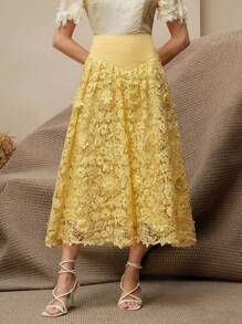 Anewsta 新款女装优雅水溶花边浪漫蓬松裙夏装奶油黄 - 黃色 - 查看 7