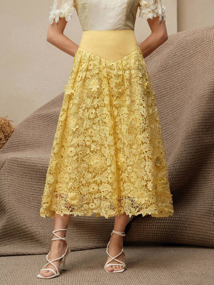 New Women's Elegant Water-Soluble Guipure Lace Romantic Fluffy Skirt, Summer Clothes, Butter Yellow