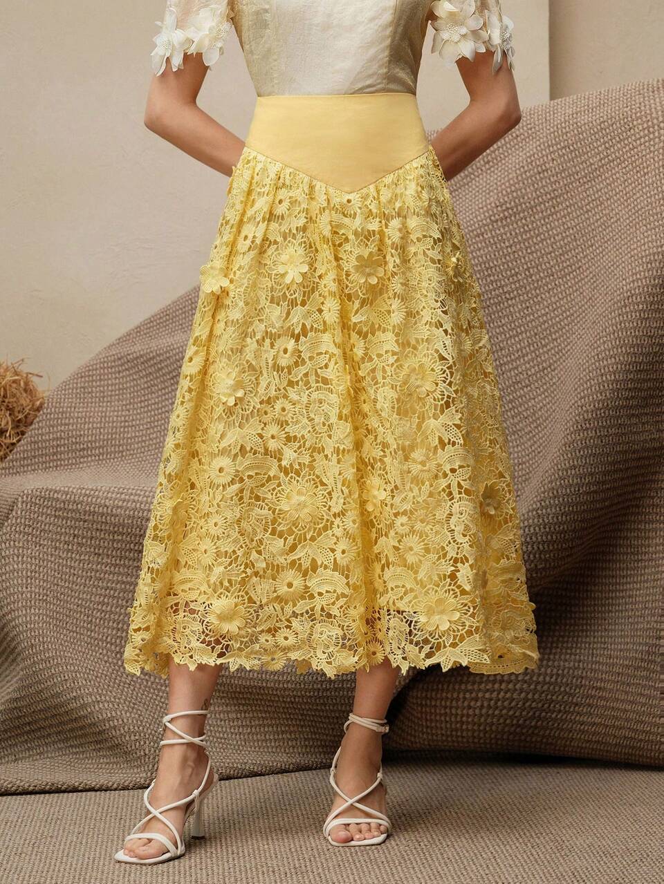 New Women's Elegant Water-Soluble Guipure Lace Romantic Fluffy Skirt, Summer Clothes, Butter Yellow