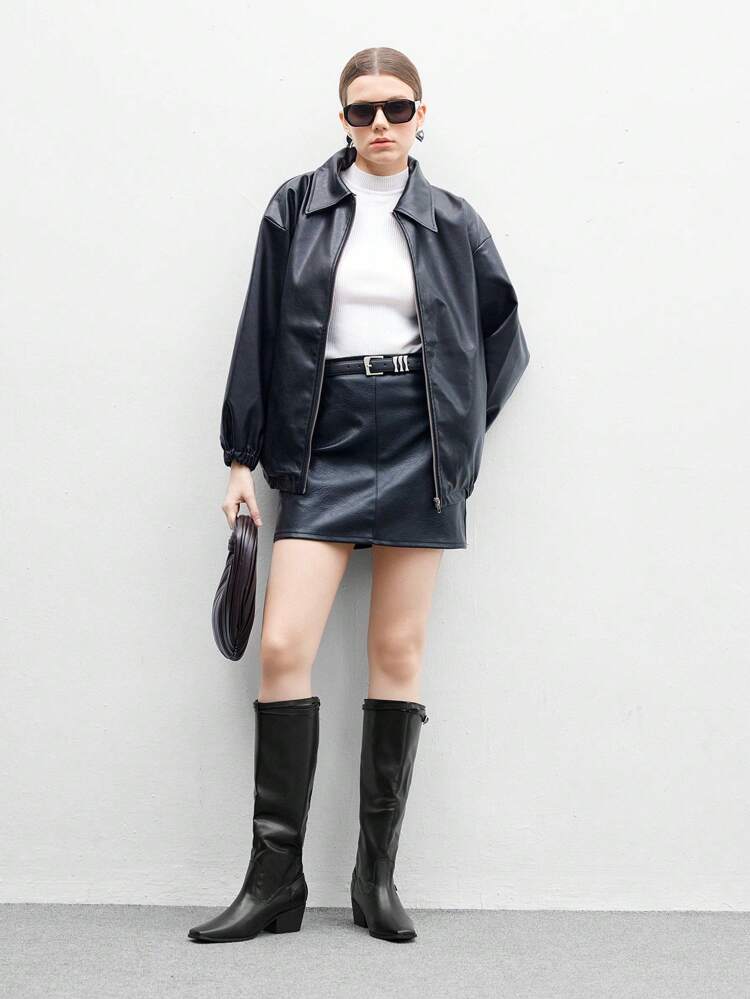 CUCCOO BIZCHIC Women's Square Toe Chunky Heel Boots, Black PU Fabric With Silver Buckle Decor, Fashionable, Comfortable For Everyday Wear And Formal Occasions