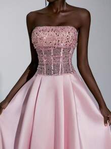 Elitara Váy maxi chữ A thắt nơ có thể điều chỉnh, dáng chữ A, xòe trễ lưng màu hồng lấp lánh, đính sequin hoa sen thanh lịch, thích hợp cho các buổi hẹn hò, kỳ nghỉ, sinh nhật, tiệc tùng, đám cưới, lễ tốt nghiệp, những dịp trang trọng - Bụi hồng - Xem 3