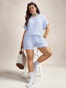 SHEIN LUNE Plus Size Women Striped Round Neck Batwing Sleeve Top And Shorts 2 Pieces Set,Blue And White Summer Smart Casual Holiday Office Outfits Fall Clothes - Blue and White - View 3