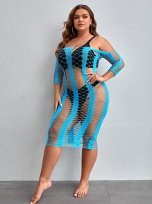 SHEIN Classic Sexy 1 pieza Vestido sexy de talla grande para mujer con hombros descubiertos y mangas 3/4 de malla
