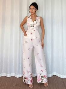 Elenzga 2 件套女式花卉印花单扣背心和裤子套装，随机印花