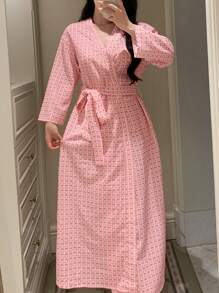 DAZY 女士宽松格子心形印花长袍睡衣，返校服睡衣 - 粉色 - 查看 6