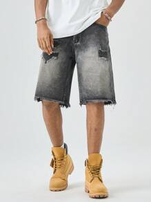 Manfinity EMRG Men's Distressed Black Denim Shorts Raw Hem Ripped Detailing And Avant-Garde Street Style - Black - View 3