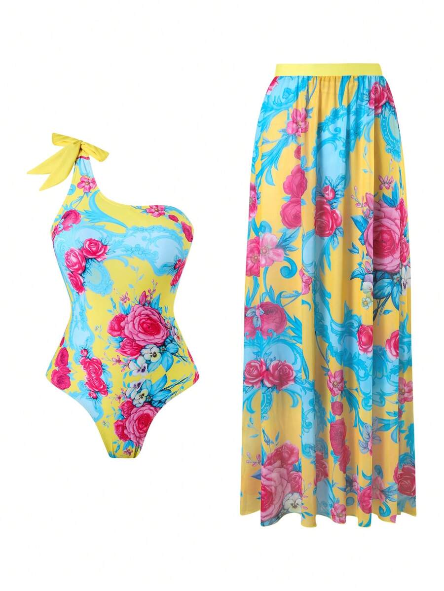 SHEIN Swim Bikini de una pieza con estampado floral y falda maxi a juego para playa y vacaciones