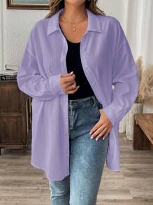 SHEIN LUNE 冬季服装纹理休闲大码纯色夏季长袖衬衫 - 淡紫色 - 查看 1