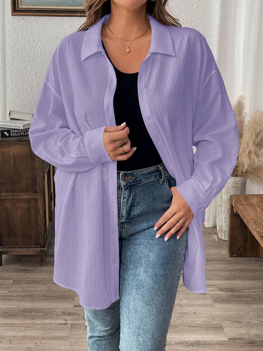 SHEIN LUNE 冬季服装纹理休闲大码纯色夏季长袖衬衫 - 淡紫色 - 查看 1