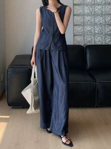 DAZY 2 件套女士夏季休闲牛仔圆领无袖上衣和宽松长裤牛仔套装 - 深色水洗藍 - 查看 1