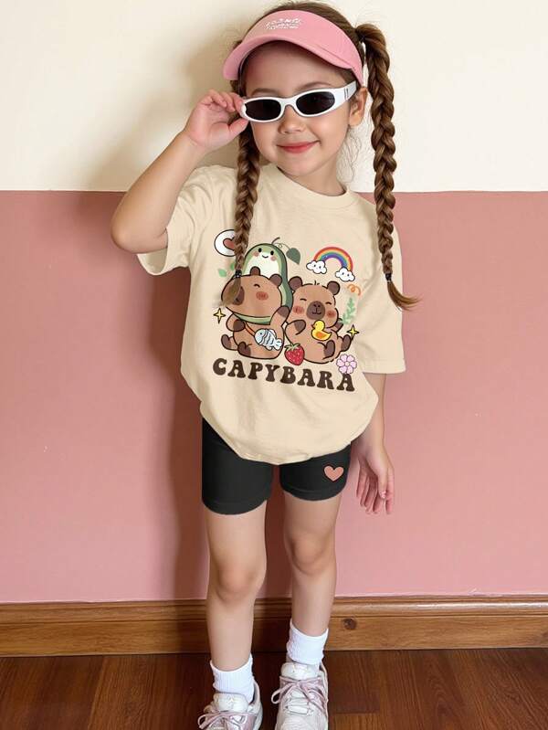 2 piezas Conjunto de camiseta de manga corta y pantalones cortos casuales y sencillos para niñas, adecuado para el verano