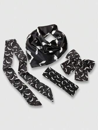 Grunge Punk Set de 4 piezas: diadema con estampado de murciélago negro + horquillas + pañuelo, colección de accesorios, estética callejera Y2K apta para vida diaria, fiestas callejeras y talla grande para mujeres